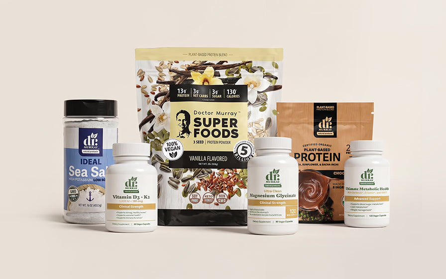 Collection of Dr. Murray products including a pouch of Super Foods, protein powder, and supplement containers on a beige background.