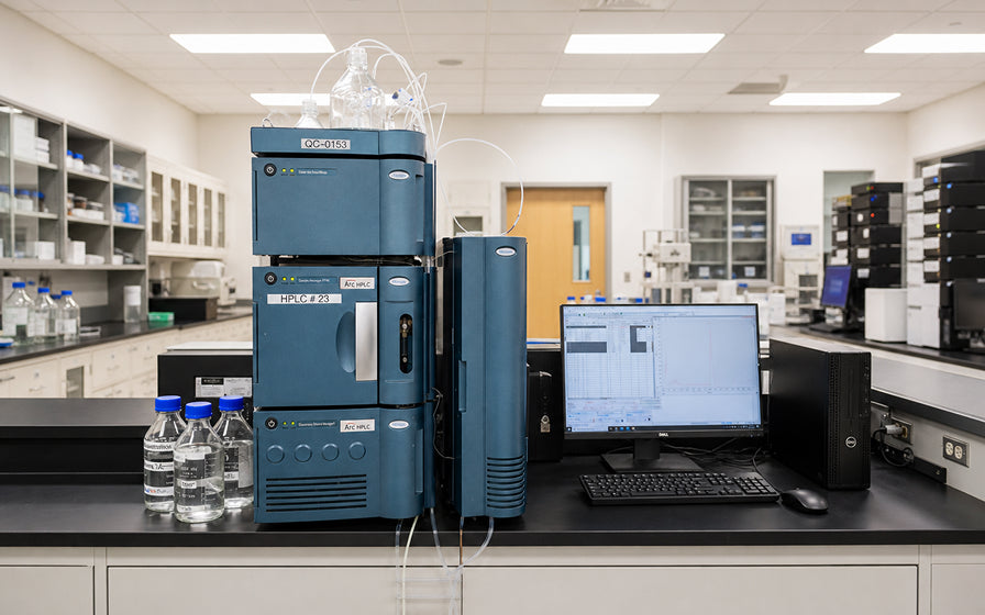 Lab setting with scientific equipment and computer on a desk.