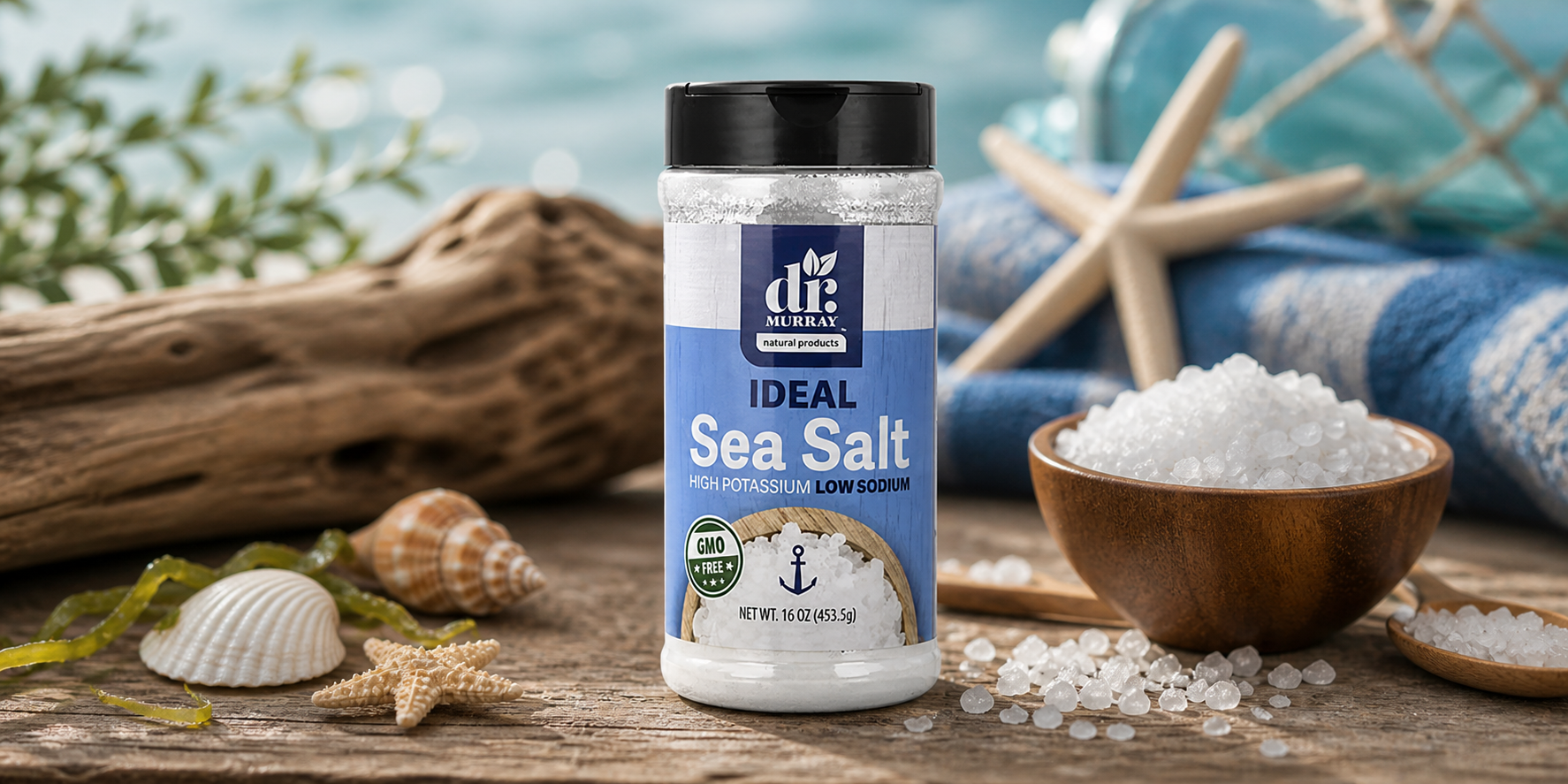 Dr. Murray Ideal Sea Salt  High Potassium Low Sodium container on a wooden surface with sea-themed decor