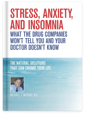 Book cover of 'Stress, Anxiety, and Insomnia' by Michael T. Murray, ND with a blue and white design.
