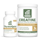 Dr. Murray's ThymoQuin Black Seed Oil and Creatine Monohydrate Powder side-by-side on a white background