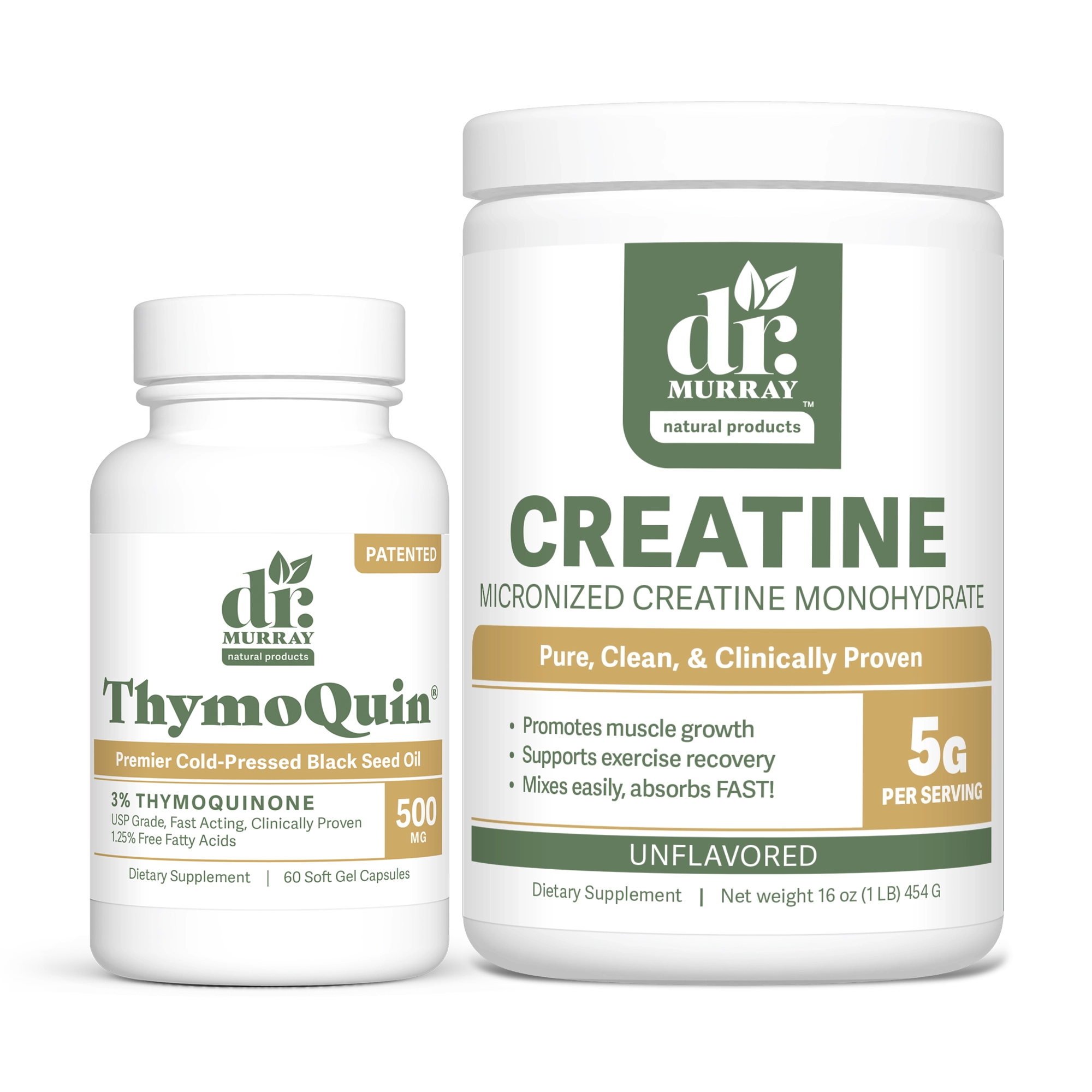 Dr. Murray's ThymoQuin Black Seed Oil and Creatine Monohydrate Powder side-by-side on a white background