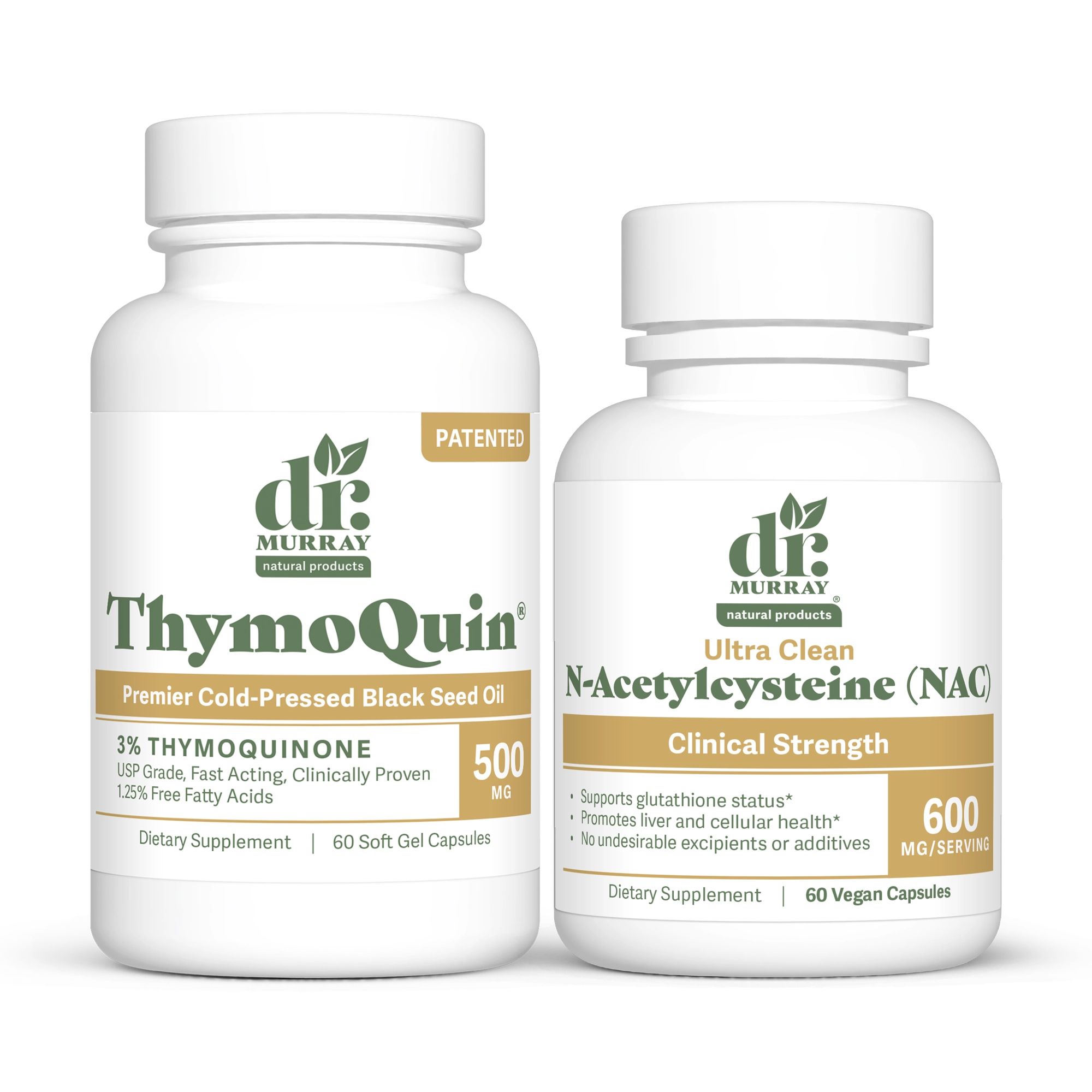 Dr. Murray's ThymoQuin Black Seed Oil and N-Acetylcysteine (NAC), against a white background.