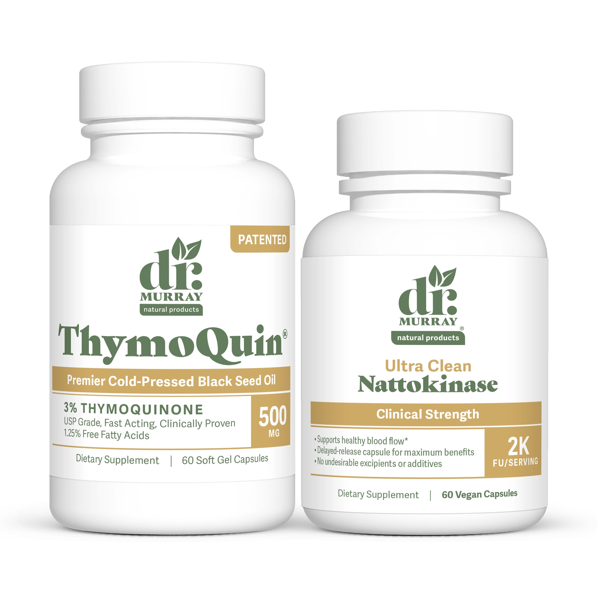 Dr. Murray's ThymoQuin Black Seed Oil and Nattokinase, side-by-side against a white background