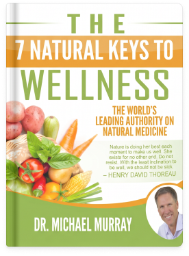 Dr. Murray book cover of 'The 7 Natural Keys to Wellness' by Dr. Michael Murray with vegetables and a person on the cover.